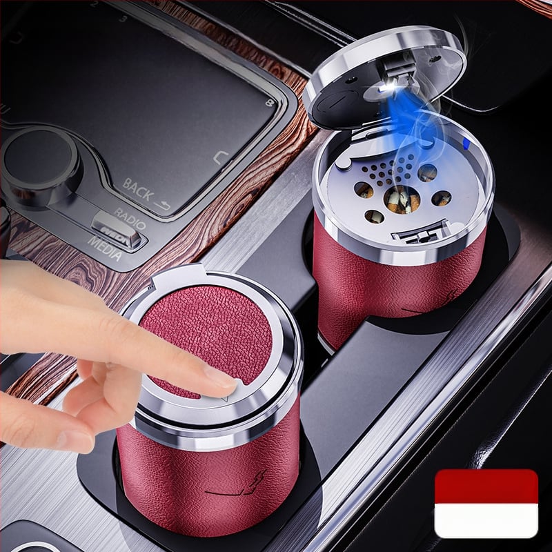 Automobilio pelenų laikiklis su odiniu ir lydinio vidumi, LED naktinis apšvietimas, 3D metalo dizainas, spaudimo jungiklis, apie 200 g, skirtas automobiliui ir namų naudojimui