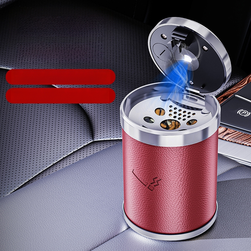 Automobilio pelenų laikiklis su odiniu ir lydinio vidumi, LED naktinis apšvietimas, 3D metalo dizainas, spaudimo jungiklis, apie 200 g, skirtas automobiliui ir namų naudojimui