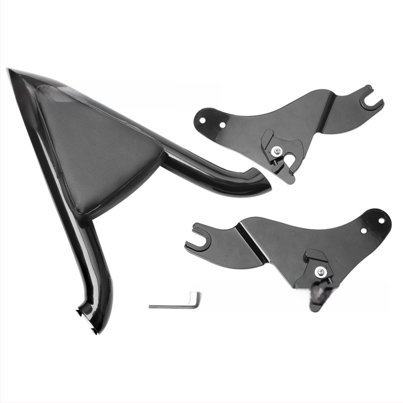 Harley motorkerékpárokhoz készült hátsó támasz, osztott gyorskioldó utas háttámla, hegyes ívű dizájnnal (Model 014588)