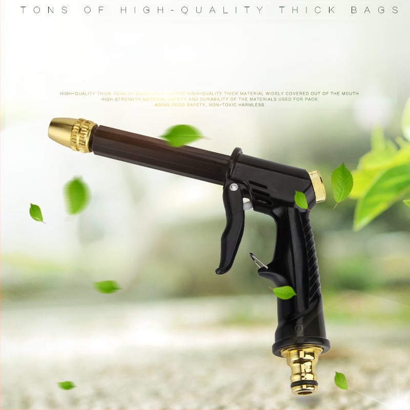 Augstas spiedes auto mazgāšanai ūdens pistole – galva ar alumīnija un vara pārklājumu, rokturis no inženierplastmasas, izsmidzināšanas attālums 10–15, ūdens spiediens no krāna, svars 100 g