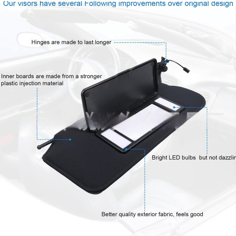 Automobilio saulės skydelis su ryškiais LED – HD makiažo veidrodis, užspaudžiamas montavimas, logotipo spauda, licencijuotas privatūs ženklas