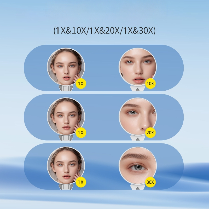 Kézben tartható, kétoldalas sminktükör, 10x/20x/30x/40x nagyítás, hajtogatható