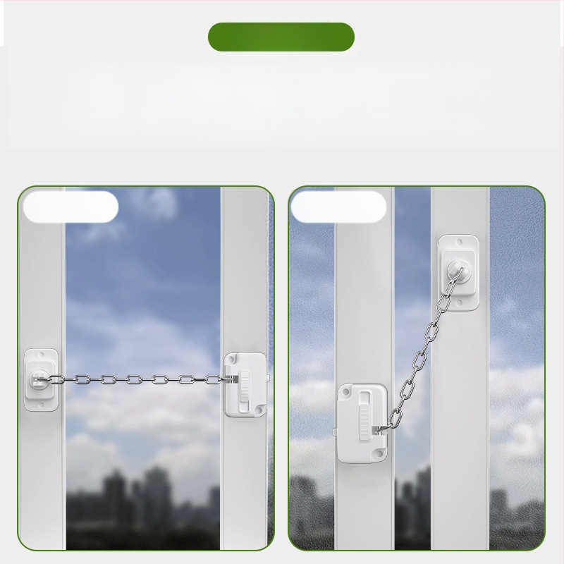 Daugiafunkcinė saugos užrakinimo spyna langams ir durims su grandine, durų stabdys, įrengimas be gręžimo, vaikų saugumas