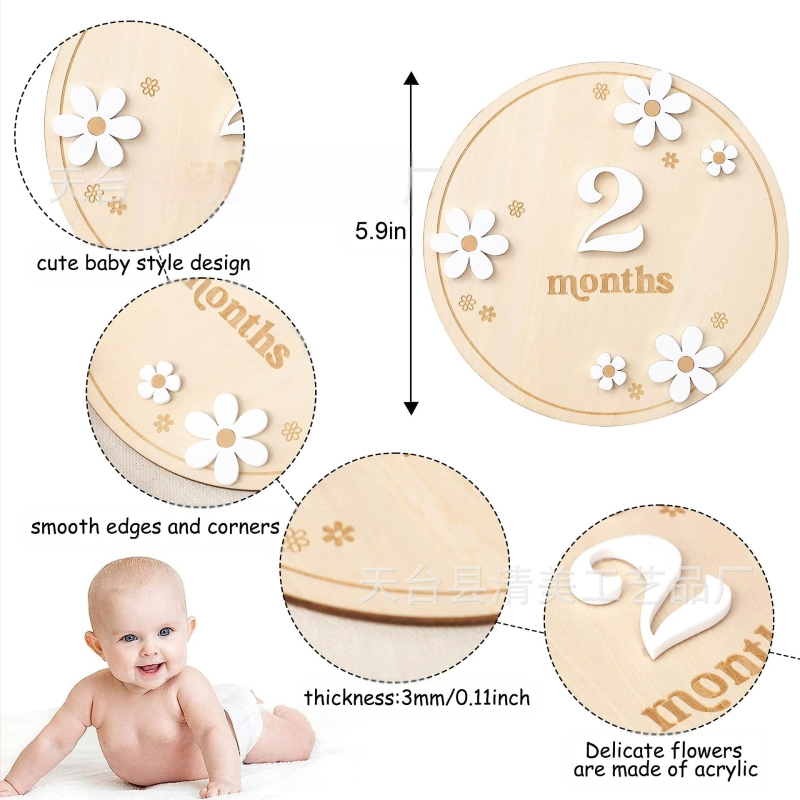 Ξύλινο αναμνηστικό μωρού – στρογγυλό σημάδι γέννησης από Boxwood με μονοπλευρή φλοραλ κατασκευή