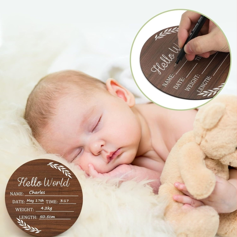 Дъска за бебета от твърдо дърво със знак Hello World за фотосесия на новородено — модерен минималистичен стил, подходяща за дом и офис