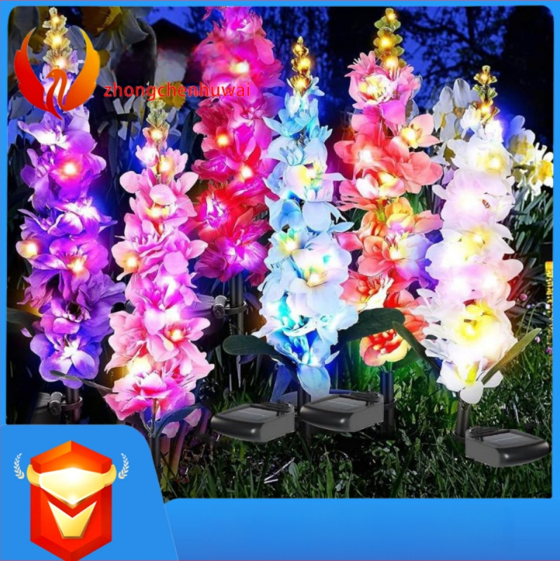 Saulės kraštovaizdžio šviestuvai su LED lempute, plastiko ir nerūdijančio plieno korpusas, hyacinto žiedo formos dizainas, modelis 32432423, skirtas vilai, kiemams, sodams ir parkams.