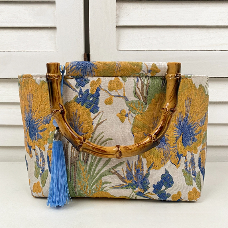 Чанта Tote от платно, литературен китайски стил, хоризонтална квадратна форма, цип за отваряне, вътрешен джоб с цип