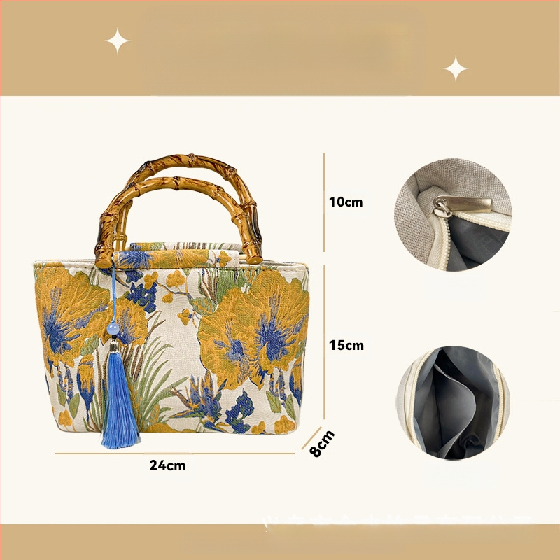 Чанта Tote от платно, литературен китайски стил, хоризонтална квадратна форма, цип за отваряне, вътрешен джоб с цип