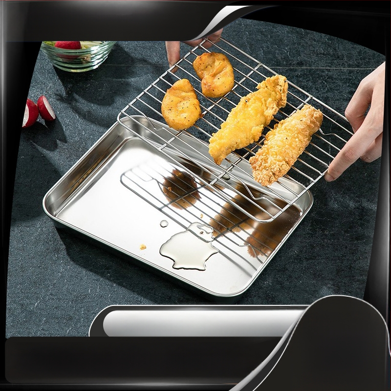 Nerūdijančio plieno griliavimo plokštelė kepimui – kvadratinė, plokščias dugnas ir alyvos nubėgimo grotelės