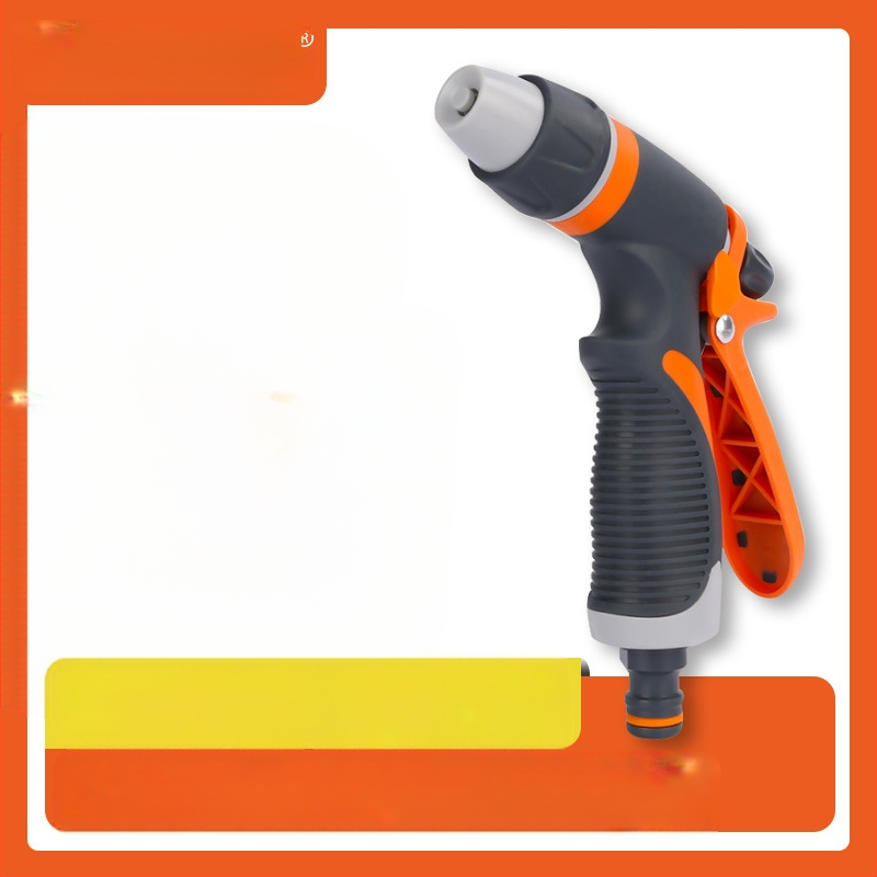 Divfunkciju plastmasas smidzinātājs dārzam laistīšanai un auto mazgāšanai – pistoles galva no ABS, rokturis no ABS/TPR, smidzināšanas attālums 8–15, ūdens spiediens 3–7, svars 0,153 kg