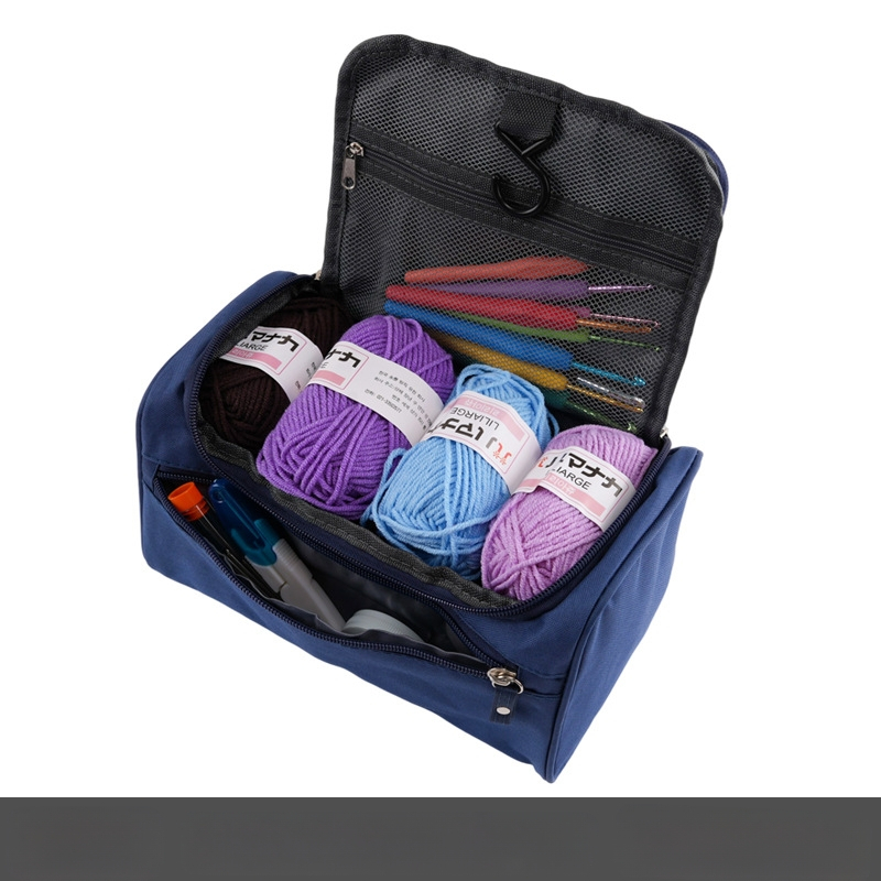 46 dalių mezgimo rinkinys pradedantiesiems su kabamu saugojimo krepšeliu ir mezgimo kabliukais bei siūlų priedais