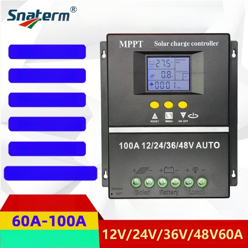 MPPT napelemes töltésvezérlő, sorozat 100A/80A/60A, 12/24/36/48V, USB interfész, energiafogyasztás 1W