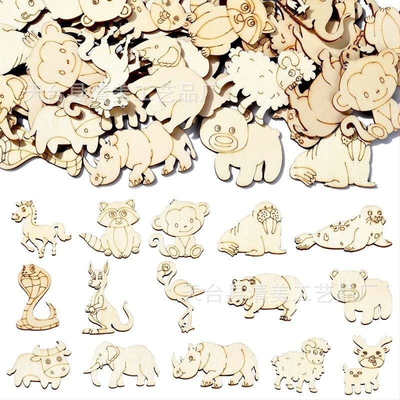 Ατελείς ξύλινες φιγούρες ζώων από κόντρα πλακέ poplar — σχήματα αλεπού, μαϊμού, ελέφαντας, πρόβατο και ελάφι; συσκευασία σε PP σακούλα; μάρκα Blue and White; κατάλληλο ως προσωπικό δώρο; χωρίς άδεια πνευματικής ιδιοκτησίας.