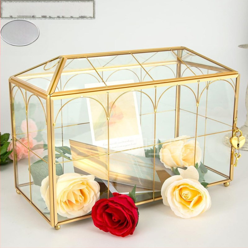 Γεωμετρικό γυάλινο κουτί αποθήκευσης προσκλήσεων γάμου με αναδιπλούμενο καπάκι