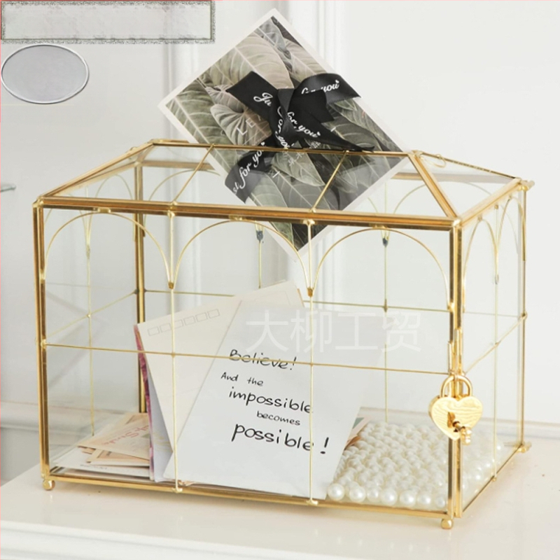 Γεωμετρικό γυάλινο κουτί αποθήκευσης προσκλήσεων γάμου με αναδιπλούμενο καπάκι