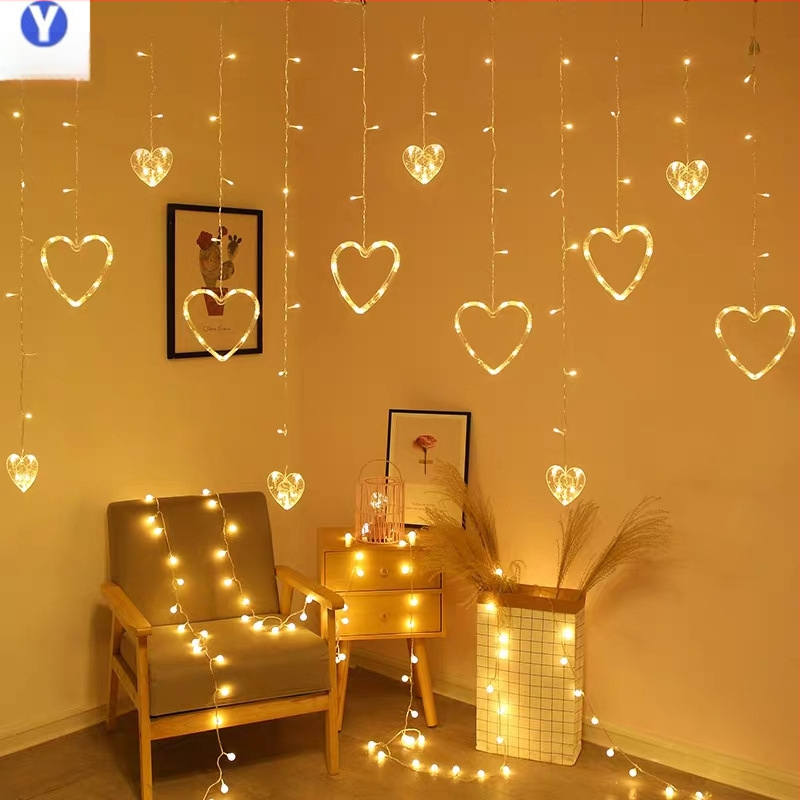 Širdies formos užuolaidų šviestuvai su žvaigždžių elementais – 6W, 220V, IP44, Modelis 000321, CE sertifikuotas