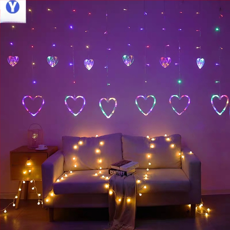 Širdies formos užuolaidų šviestuvai su žvaigždžių elementais – 6W, 220V, IP44, Modelis 000321, CE sertifikuotas