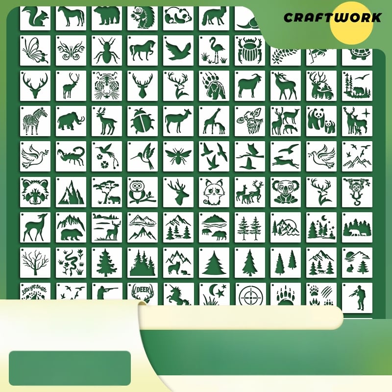 Șabloane DIY pentru pictură cu animale din pădure, 100 de bucăți, PET, reutilizabile, ușor de curățat