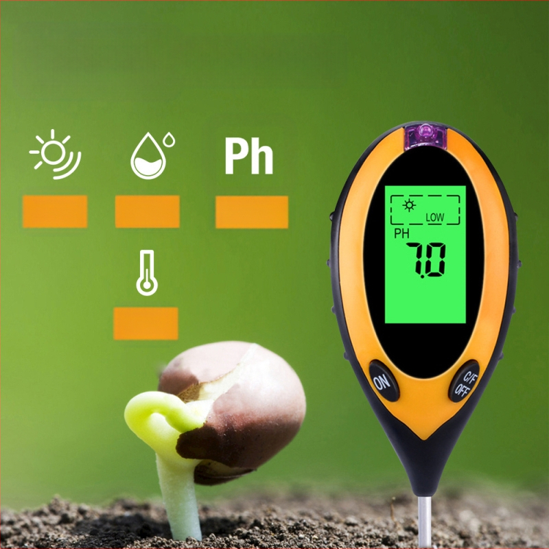 Четири в едно тестер за почва с измерване на влажност, pH, сенсор за хранителни вещества и термометър; за градинарство и засаждане; тегло 115 g