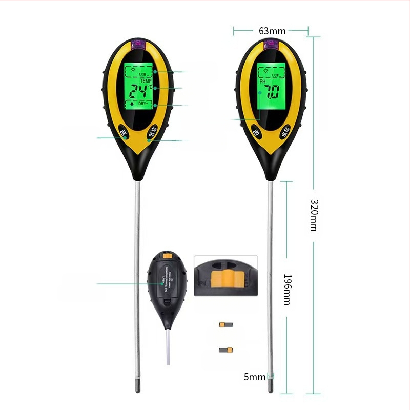 Четири в едно тестер за почва с измерване на влажност, pH, сенсор за хранителни вещества и термометър; за градинарство и засаждане; тегло 115 g