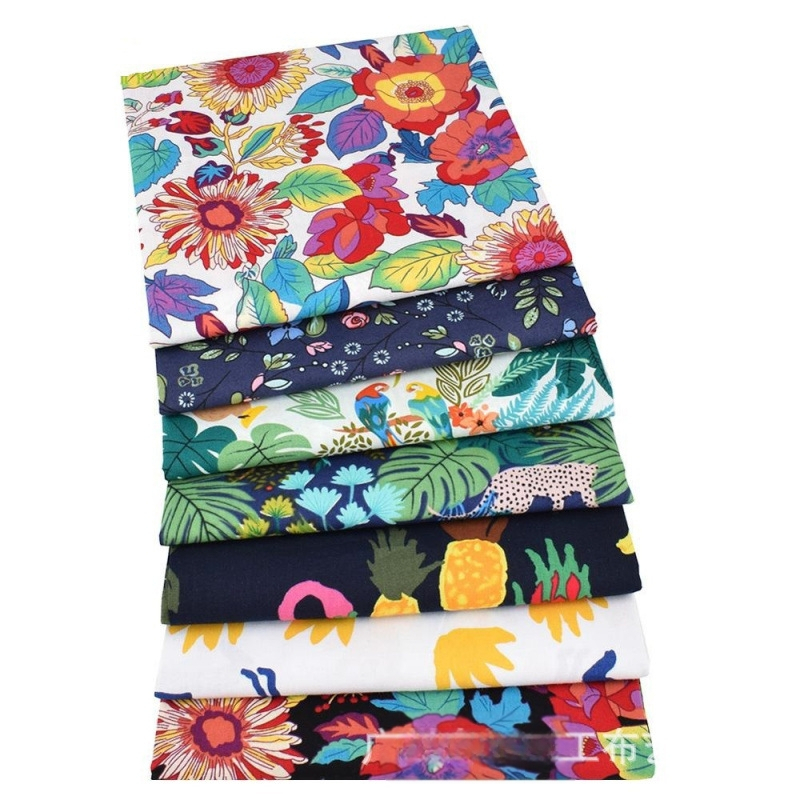 Patchwork audinių rinkinys, 7 vnt. – medvilninis audinys su gėlių spaudu, tropinio lietaus miško augalų dizainas, DIY rankdarbiams