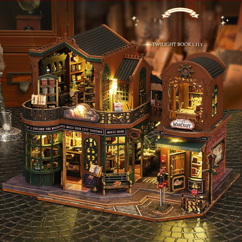 Qiaolexing ES017 Twilight Book City – дървен архитектурен модел, DIY съвместим, сглобяем, произход Guangzhou, за възраст 15–35.