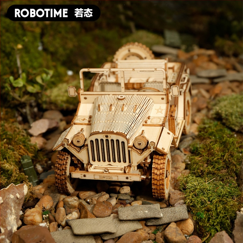 Robotime 3DIY medinis 3D puzzle rinkinys – traukinio, Jeep ir sunkvežimio modeliai, DIY rinkinys vaikams 7–14 metų