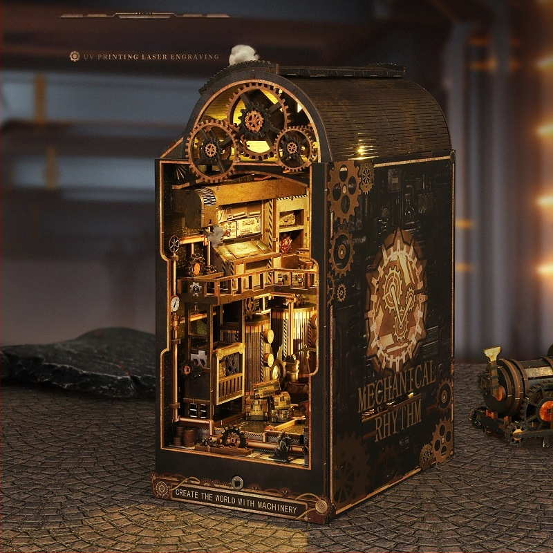 Ръчно сглобяем дървен архитектурен модел в стил стимпанк с механичен ритъм – възможност за персонализиране, подходящ като подарък за миниатюрен ландшафт.