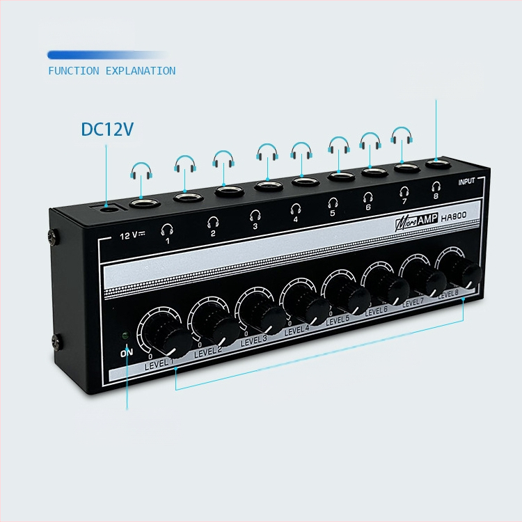 HA800 amplificator de monitorizare pentru căști, 8 canale, distribuitor de semnal, intrare 1 / ieșire 8