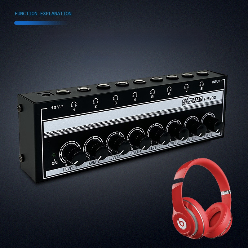 HA800 amplificator de monitorizare pentru căști, 8 canale, distribuitor de semnal, intrare 1 / ieșire 8