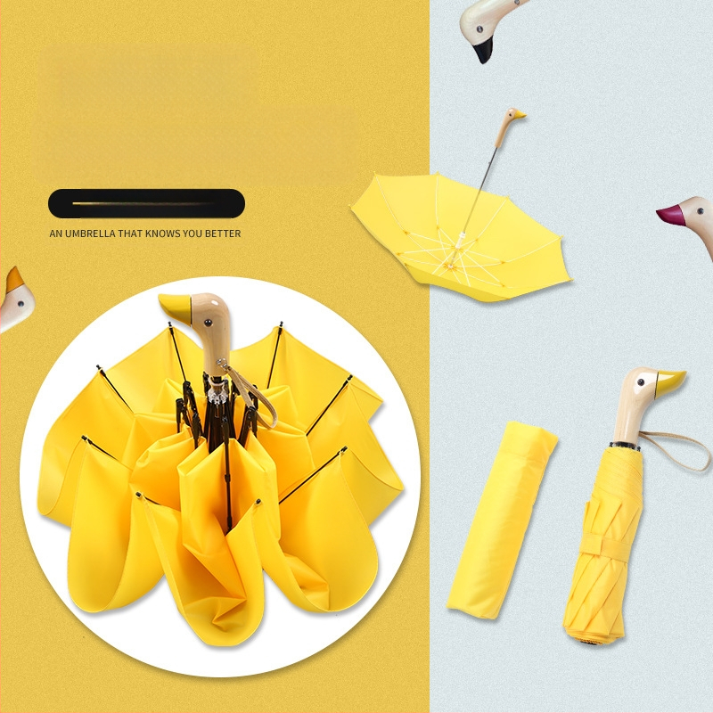Automātisks trīsdaļīgs saliekamais saules lietussargs ar koka rokturi, 8 ribu rāmis, karikatūras pīles motīvs, izdrukāts logotips