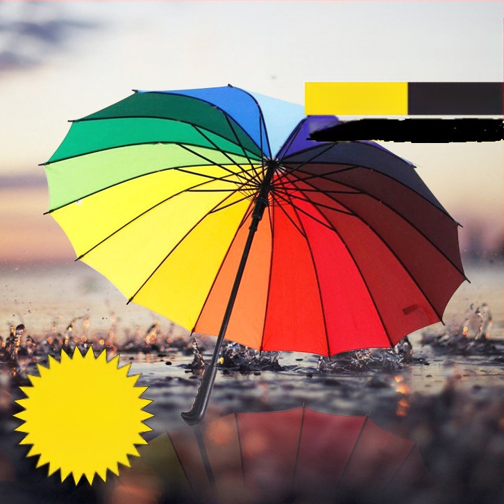 Umbrelă curcubeu cu 16 nervuri, deschidere automată, țesătură 190T, schelet din oțel, mâner din plastic