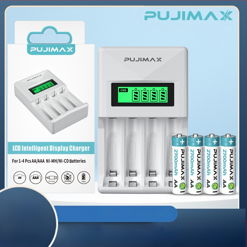 PUJIMAX NiMH четирислотно LCD зарядно за батерии AA/AAA, захранвано чрез USB, вход 5V 1–2A, изход AA 1.2V 1800mA / AAA 1.2V 900mA