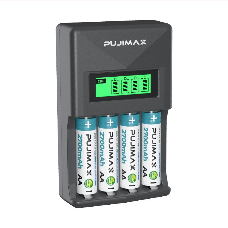 PUJIMAX NiMH четирислотно LCD зарядно за батерии AA/AAA, захранвано чрез USB, вход 5V 1–2A, изход AA 1.2V 1800mA / AAA 1.2V 900mA