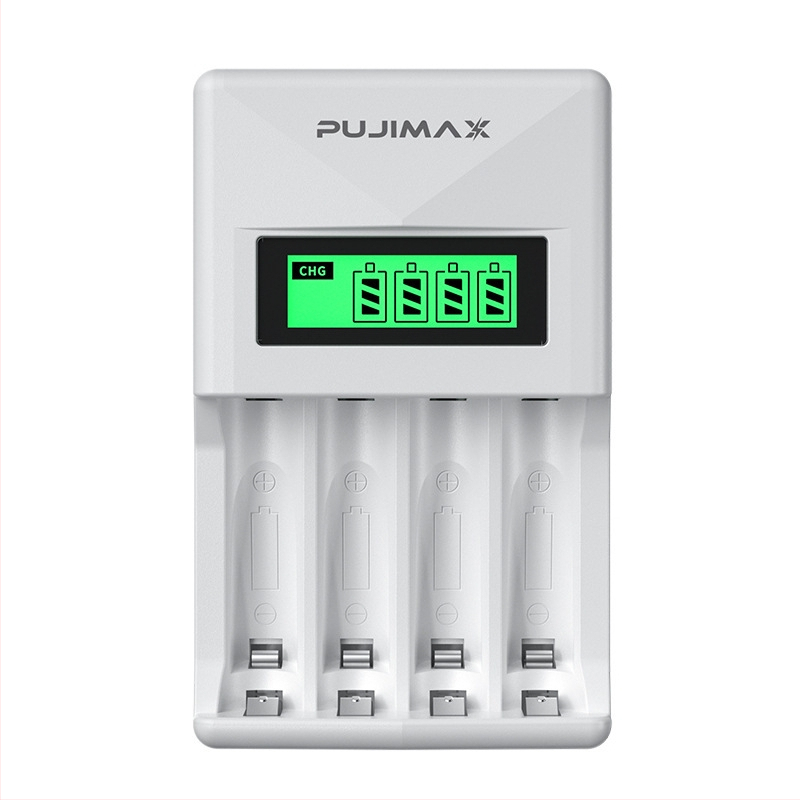 PUJIMAX NiMH четирислотно LCD зарядно за батерии AA/AAA, захранвано чрез USB, вход 5V 1–2A, изход AA 1.2V 1800mA / AAA 1.2V 900mA