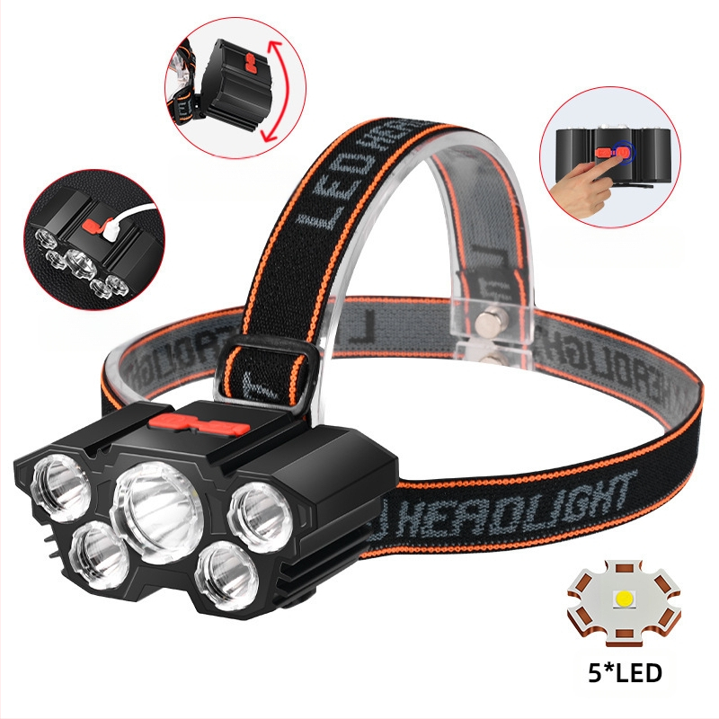 Punijiva čelna lampica s ugrađenom 18650 baterijom (1200 mAh), USB punjenje, COB izvor svjetla, 5 LED, ABS kućište, domet do 50 m