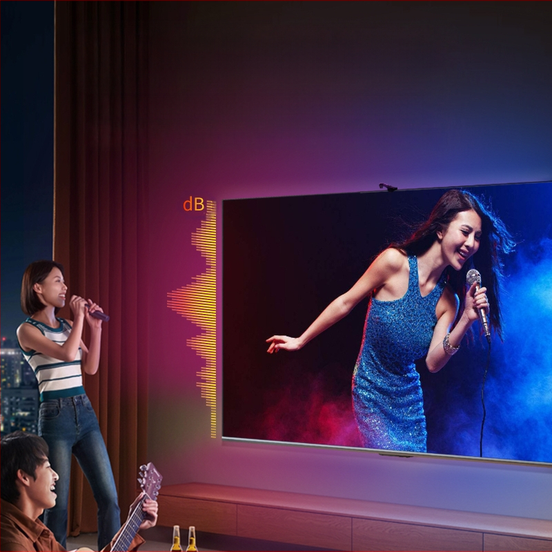 RGB Symphony TV apšvietimas, modelis YM-BT-AUHC003, įvesties įtampa 5V, galia 10W, reguliuojamas ryškumas, valdymas mygtuku ir programėle