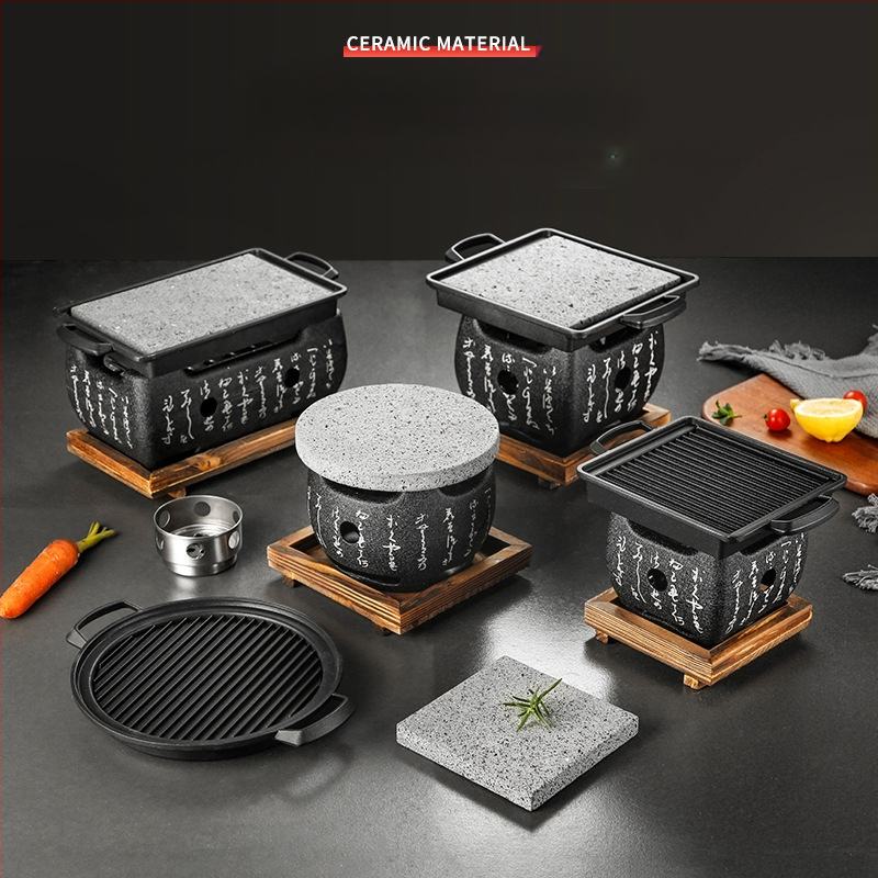 Boyue vulkaninės kilmės akmens kvadratinė kepsninės plokštė su alyvos įdubimu, japonų stiliaus aukštatemperatūrinė akmens plokštė kepsniams, izoliacija