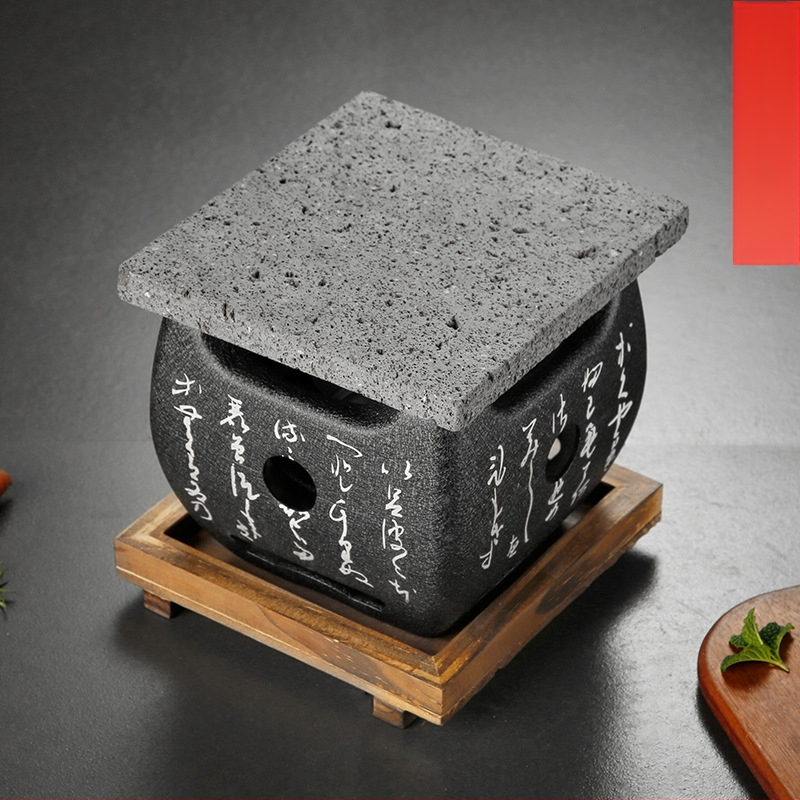 Boyue vulkaninės kilmės akmens kvadratinė kepsninės plokštė su alyvos įdubimu, japonų stiliaus aukštatemperatūrinė akmens plokštė kepsniams, izoliacija