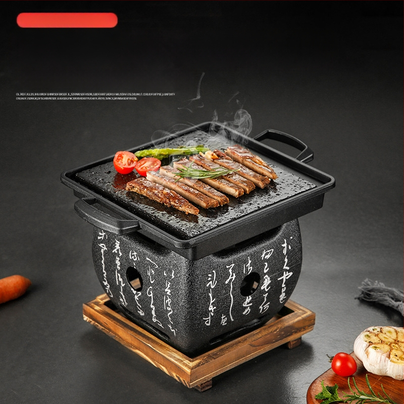 Boyue vulkaninės kilmės akmens kvadratinė kepsninės plokštė su alyvos įdubimu, japonų stiliaus aukštatemperatūrinė akmens plokštė kepsniams, izoliacija