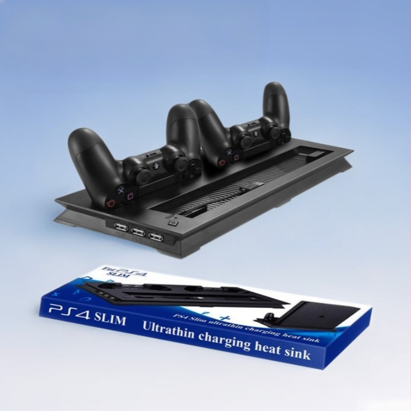 PS4 Slim daugiafunkcinis laikiklis su aušinančiu ventiliatoriumi, ultra plonas pagrindas, dviguba įkrova, Micro USB, 5V išvestis