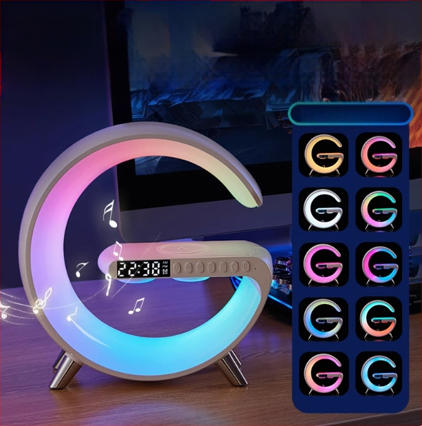 AI ασύρματος φορτιστής Bluetooth ομιλητής με φωτισμό ατμόσφαιρας, ξυπνητήρι και φωτιστικό γραφείου (Bluetooth 5.3; ασύρματη φόρτιση; ενσωματωμένη μπαταρία; ξυπνητήρι)