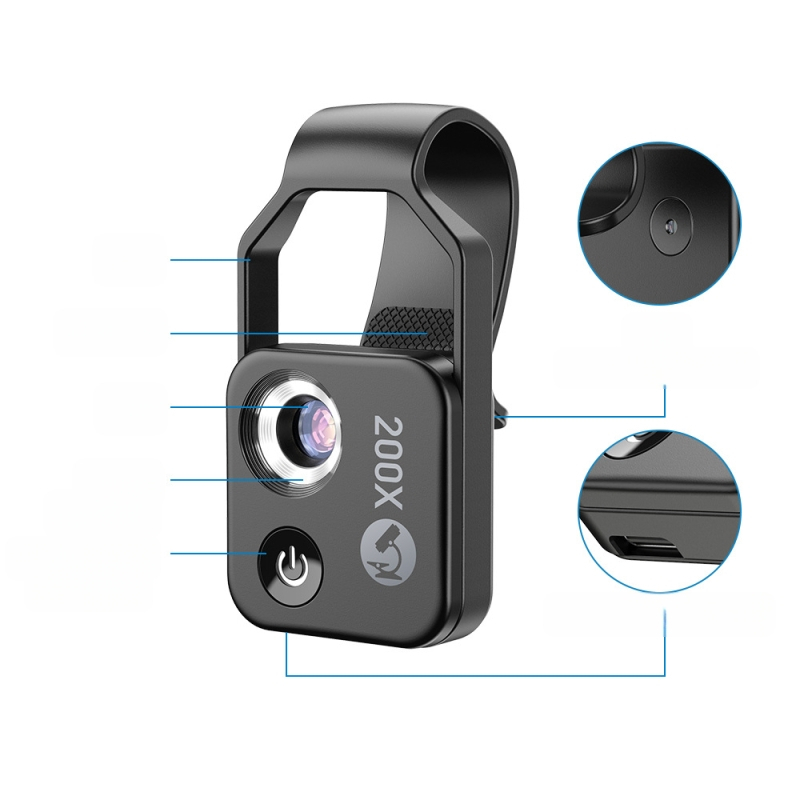 APEXEL ms002 Mobiliojo telefono mikroskopas su 200x didinimu, LED apšvietimas, CPL objektyvas, HD nešiojama kamera Apple iPhone