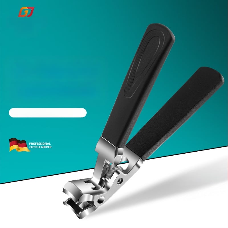 Nagų kirpimo žirklės su lenktu dizainu ir ilga rankena – didelis atidarymas, plokščias burnos kampas, nešiojamas namų įrankis; medžiaga: plastikas + nerūdijantis plienas