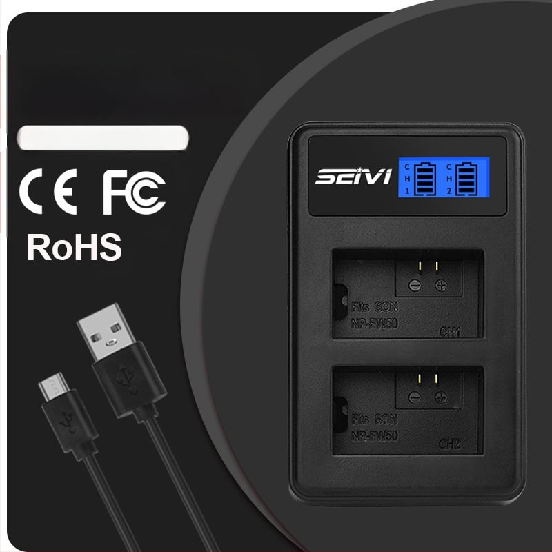 SEIVI NP-FW50 töltő Type-C LCD kijelzővel, 8.4V 0.6A×2 a Sony FW50 akkumulátorhoz