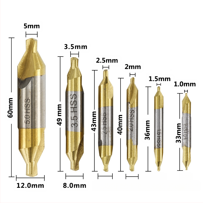 Комплект центрови свредла, високоскоростна стомана, титаново покритие на двата края, 6/7-частен комплект, 60° ъгъл