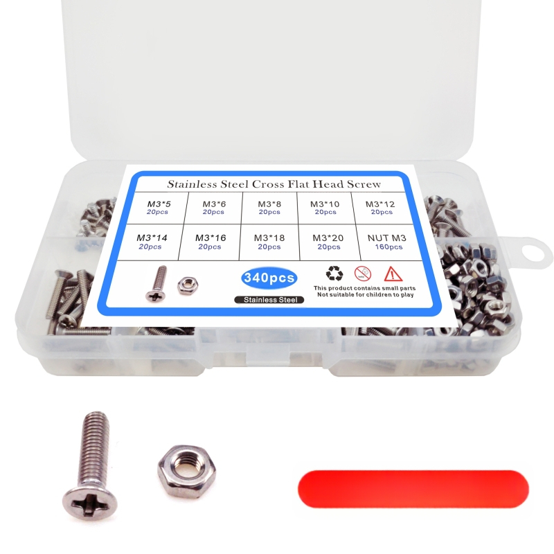 Комплект винтове, гайки и болтове, 340 бр., неръждаема стомана 304, клас A2-70, винтове с потъваща плоска глава, GB819