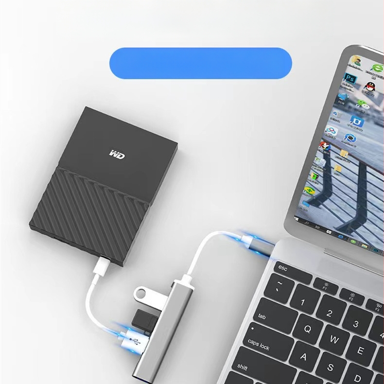 USB-C 4-port USB 3.0 hubas nešiojamojo kompiuterio dokavimo stotis, aliuminio korpusas, be išorinio maitinimo