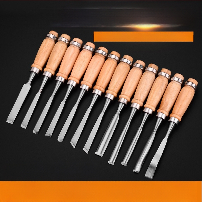 Medienos apdirbimo kaltai iš chromo-vanadžio plieno su kietmedžio rankena – pilnas komplektas plokščių ir kampinių kaltų