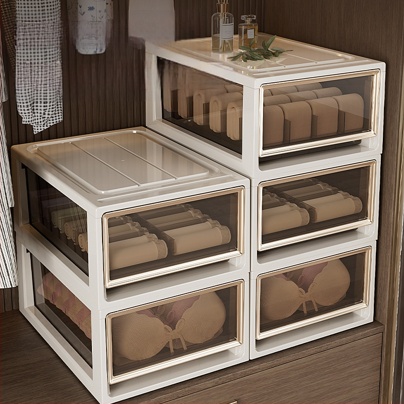 Кутия за бельо с чекмеджe — 3-в-1 организатор за сутиени, бельо и чорапи; PP пластмаса, прахозащита; тегло 0,95–3,01 кг; марка Flying Cat.